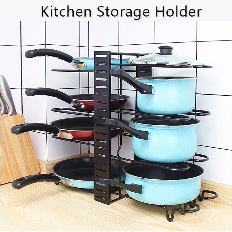 

Iron Kitchen Holder Stand Pot Storage Rack Adjustable Pot Cover Rack Organizer Kitchen Cabinet Storage Folding Multi-layer Shelf