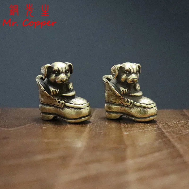 Antique Copper Cute Dog Shoe Figurines Home Decor Accessories Office Desk Decorations Retro Brass Animal Crafts Small Ornaments