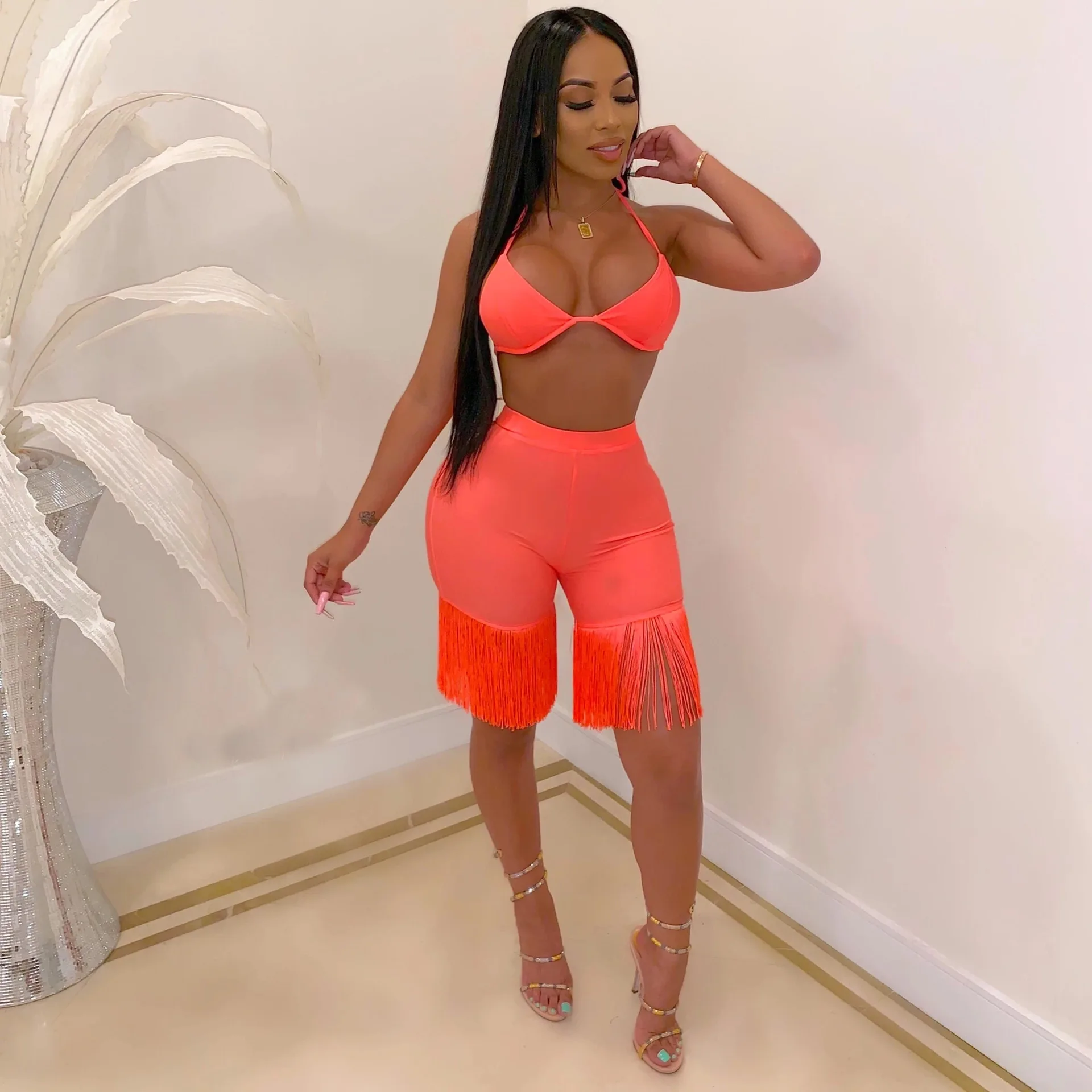 BKLD 2 Piece Set Women Casual Neon Color Tracksuits Summer Beach Party Crop Top And Tassel Shorts Sets Women Fashion New 2024