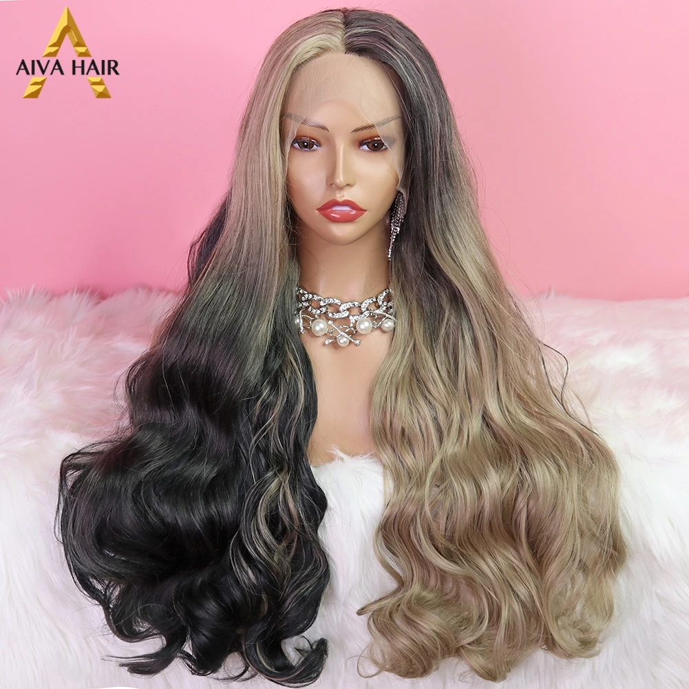 

Aiva Black Synthetic 13x4 Lace Front Wig Long Wavy Ombre Brown Heat Resistant Hair Cosplay Wigs For Black Women Drag Queen 180%