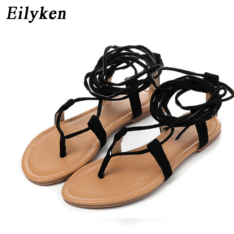 Eilyken Designer Ankle Strappy Flat Heels Women Sandals 2024 Summer Clip Toe Casual Roman Gladiator Flip Flops Shoes