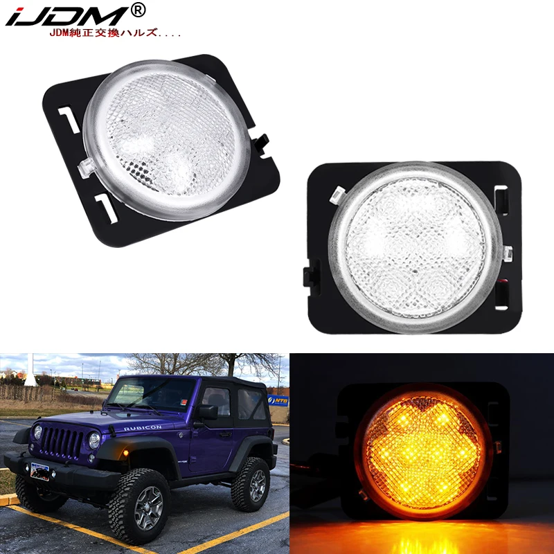 iJDM Bursztynowo-żółte boczne światła obrysowe LED / lampy błotników do Jeep Wrangler JK lub JK Unlimited z kierunkowskazami 2007-2017