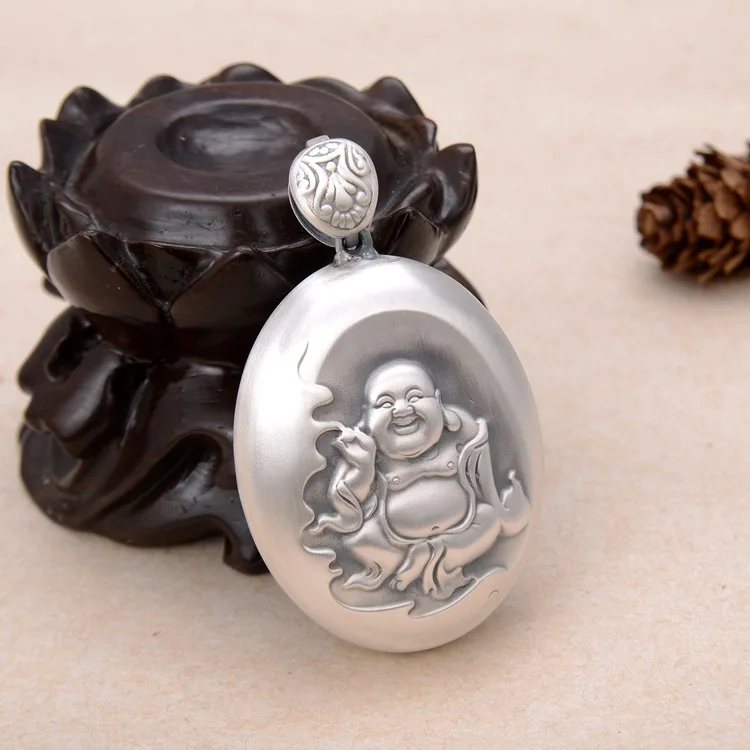 100% 999 Silver Tibetan Laughing Buddha Statue Pendant Happy Buddha Pendant the Buddhist Heart Sutra Good Luck Amulet Pendant