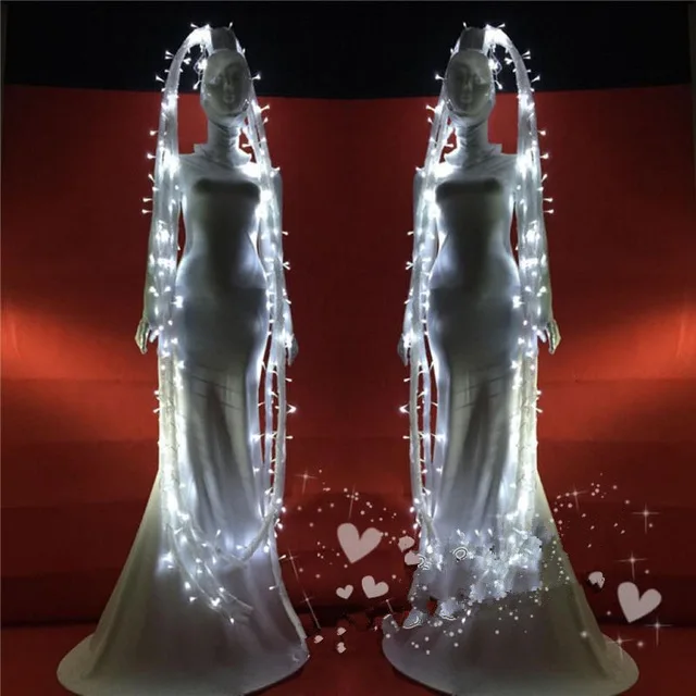 led costume stage catwalk singer wears party women dresses dj hair ghost cosplay clothes white led light Ballroom dance costumes