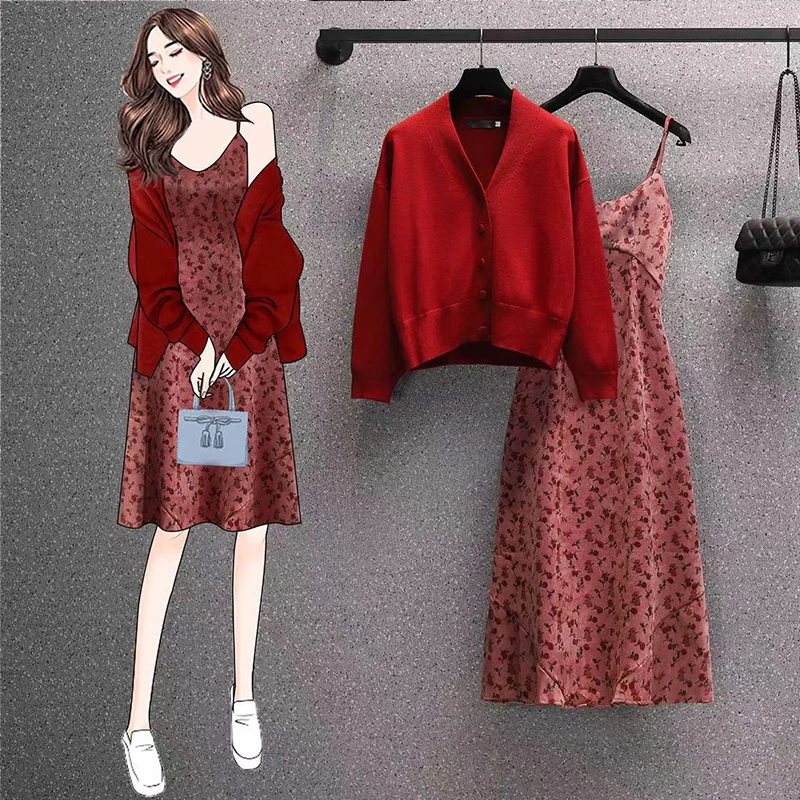 

EHQAXIN Spring New Fashion Women's Knitwear Button Long Sleeve Jacket + Korean Floral Sling Dress Two-Piece Set L-4XL