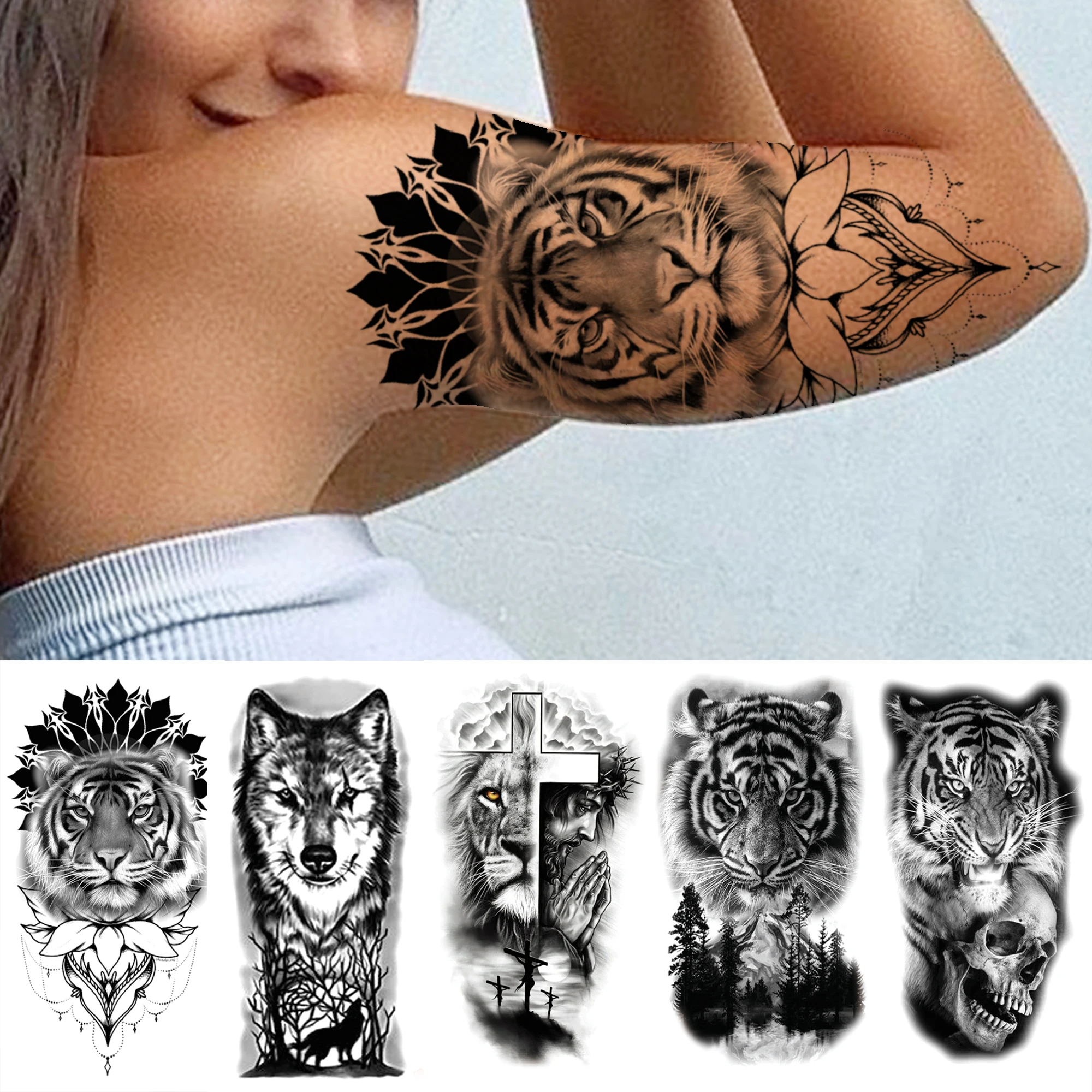 Tribal Tiger Diamond Temporary Tattoos For Women Men Cross Lion Skull Tattoo Sticker Black Wolf Fake Forest Animal Tatoo Forearm