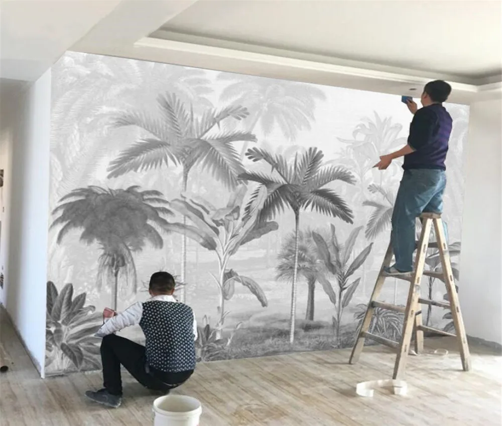 XuesuCustom Wallpaper Black and White Big tree Tropical Rainforest Coconut Tree modern TV Sofa Background wall 3d Wallpaper