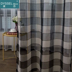Geometric Check Pattern Retro Deco Sheer Window Curtains Pencil Pleat Grommet Top for Living Bedroom Decor