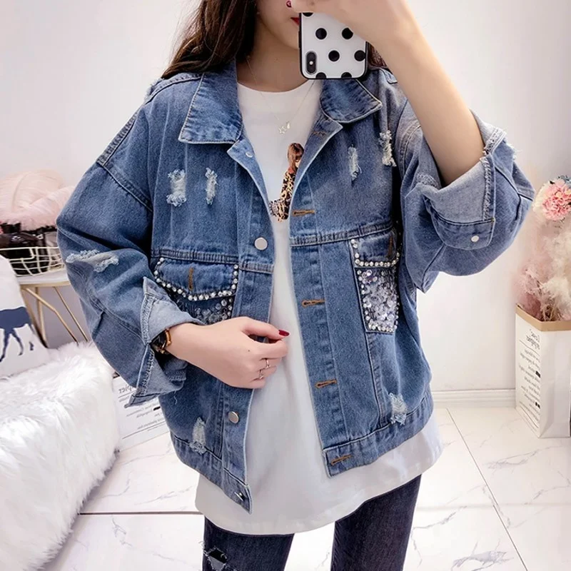 

New Autumn Korean Womens Loose Long Sleeve Denim Jackets Single Breasted Sequins Diamonds Hole Ripped Female Outerwear Coats