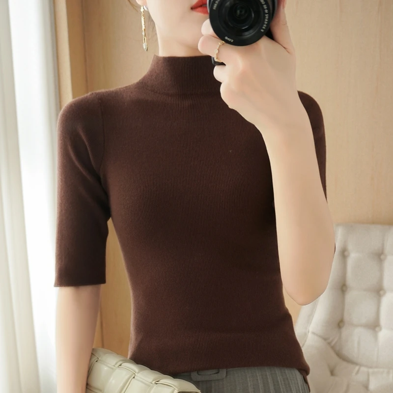 

Knitted Short sleeve Spring and Summer Half turtleneck Pullovers Slim Sweaters Women Short sleeve Cashmere Sweater Women