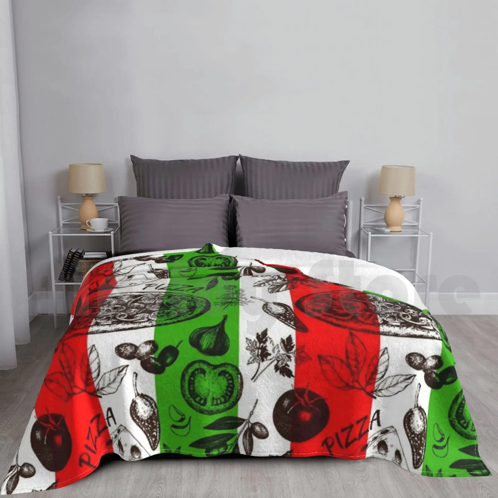 Italian Cucina Pizza Margarita Pizza Tomato Basil Cheese Red White Green Blanket Fashion Custom Cucina Italian