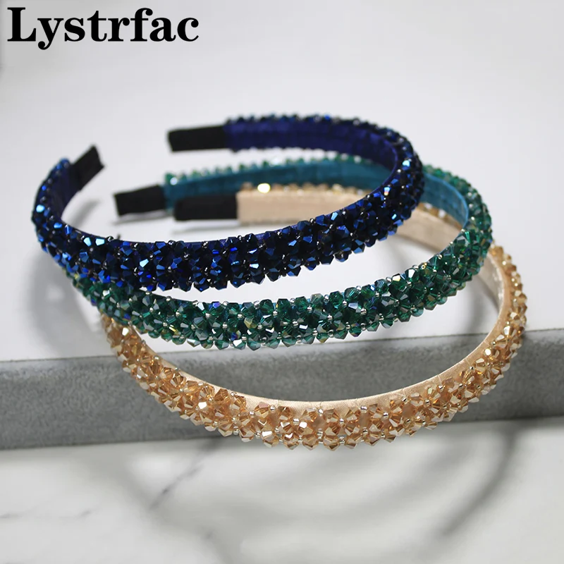 Lystrfac Solid Color Luxury Rhinestone Headband for Women Beads Bezel Shiny Hairband Girls Bride Wedding Hair Accessories