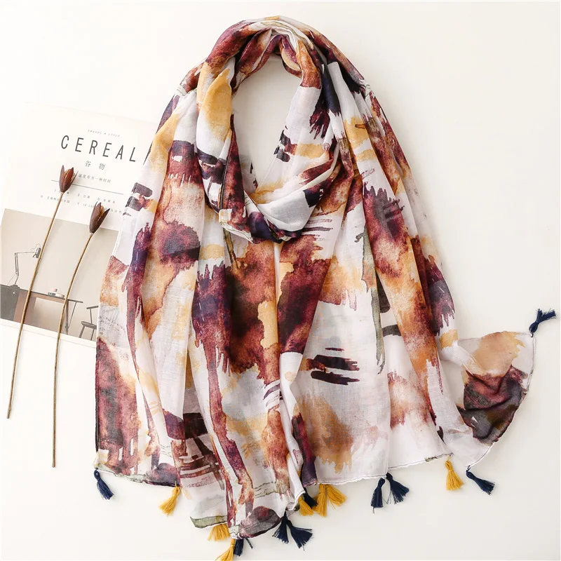 2023 Fashion Luxury Brand Abstract Painting Tassel Viscose Shawl Scarf High Quality Wrap Pashmina Stole Bufandas Muslim Hijab