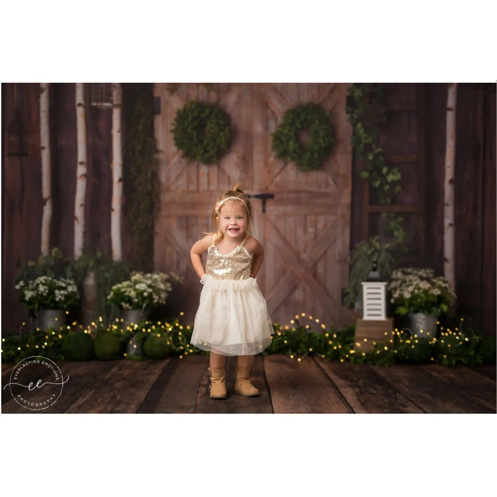 عيد الميلاد الشتاء الأطفال صورة التصوير خلفية الأخضر إكليل الرجعية الباب Backdro الربيع الاطفال عيد ميلاد صور الدعائم