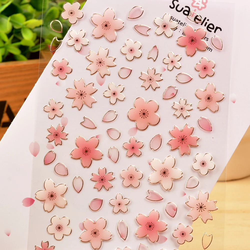 Sonia Pink Japan Cherry Flowers Stickers 3D Clear Epoxy Material Scrapbooking Craft Cards Making Junk Journal Supplies 2021