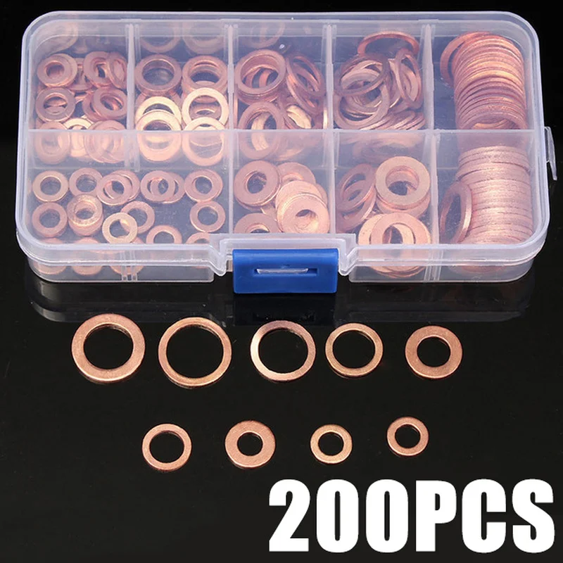 

200Pcs Copper Washer Gasket Nut and Bolt Set Flat Ring Seal Assortment Kit with Box M5/M6/M8/M10/M12/M14 for Sump Plugs