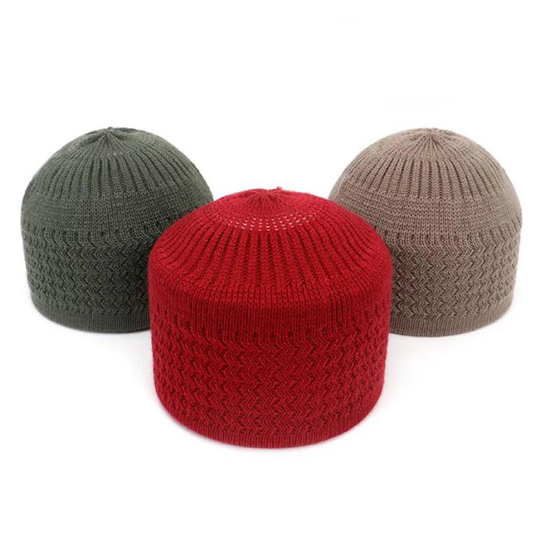 Gorros de oración musulmanes de punto para hombres, gorros masculinos cálidos, gorro islámico de Ramadán, sombrero judío, gorro envolvente para la