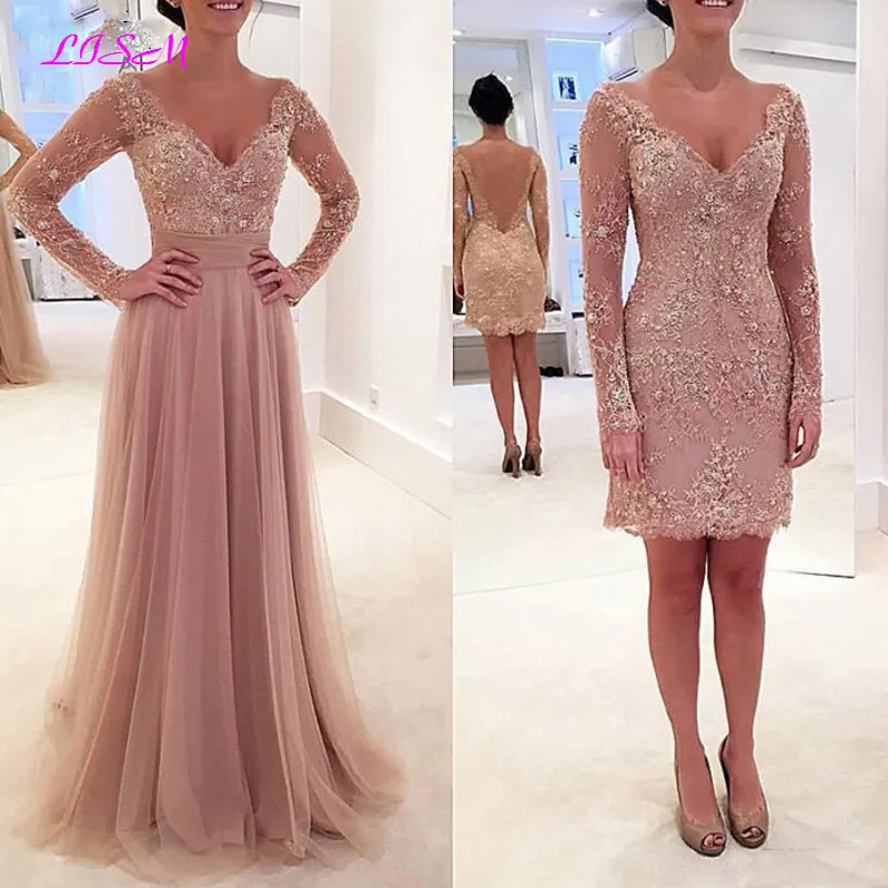 Two Pieces Mother Of The Bride Dresses V-Neck Formal Wedding Party Gowns Long Sleeves Removable Train Dusty Pink Evening Gowns