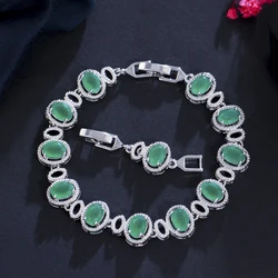 ThreeGraces 2021 New Trendy Green Cubic Zirconia White Gold Color Geometric Link Chain Bracelet for Women Party Jewelry BR179