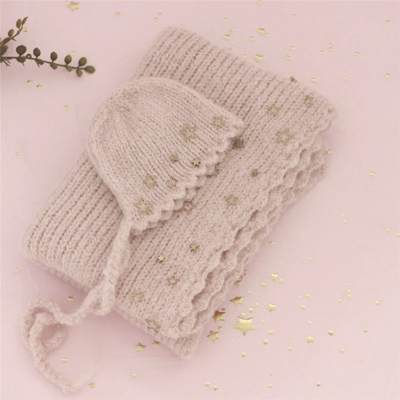 Woolen Knitted Newborn Baby Photography Wraps Blanket Metal Stars Appliqued Swaddle Hat 2pcs Sets Soft Warm Handmade Mohair