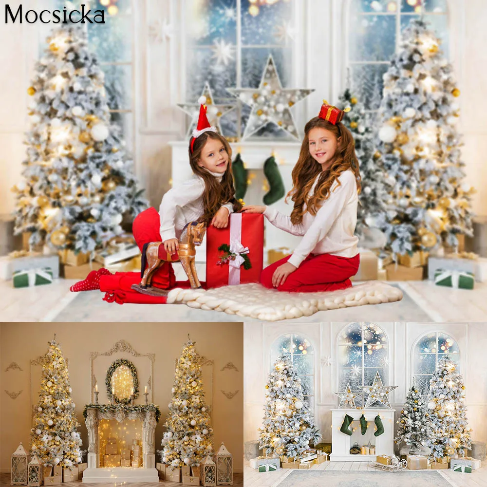 Christmas Backdrop Girl Kids Portrait Photostudio Family Photo White Windows Banner Photography Background Fireplace Props