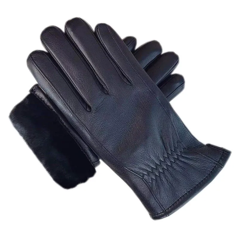 Guantes de piel de venado gruesos de lana real de moda de invierno para hombres Guantes de lana real de piel de venado clásica de alta calidad Guantes de lana real de horror Calor Protección contra el frío Cizalla Negr