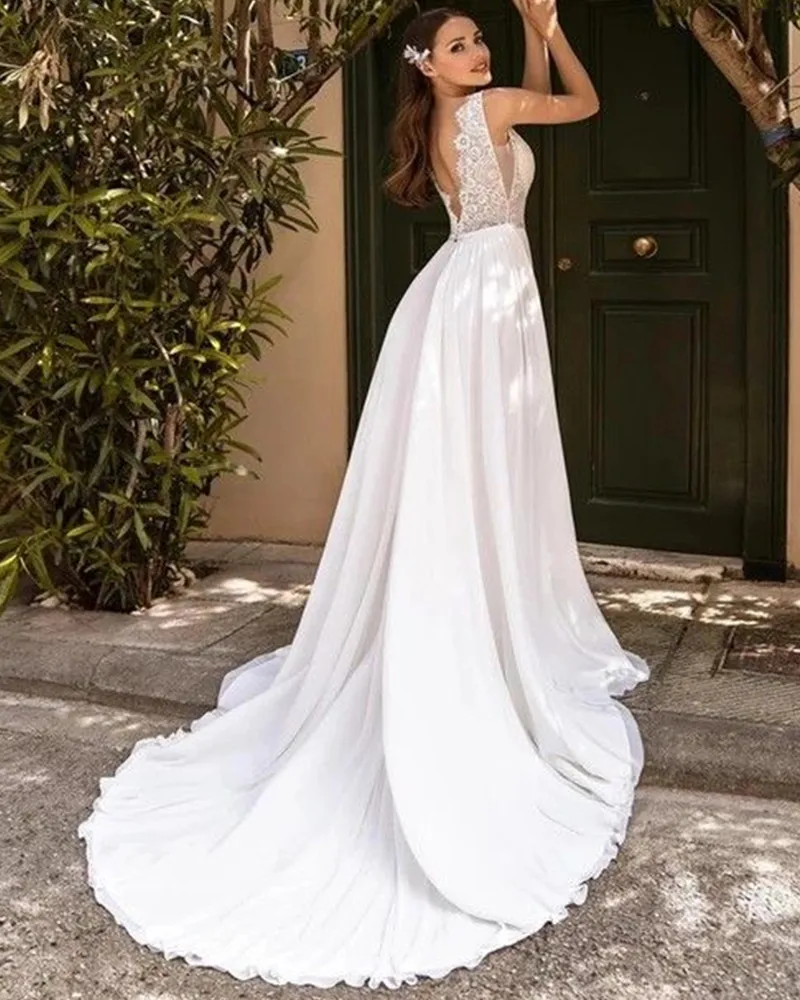 Elegantes Boho V-Ausschnitt Brautkleid 2023 Spitzen applikationen A-Linie abnehmbare Ärmel Sweep Zug rücken freies Brautkleid Vestidos de Novia