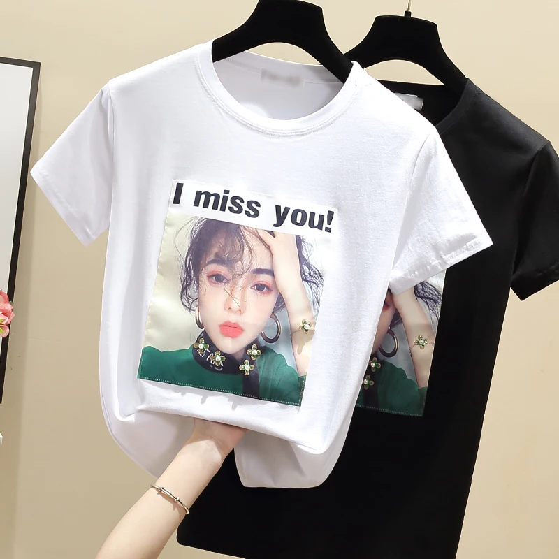 

gkfnmt Women Summer T Shirts Tops Applique T-Shirt Cotton Tshirt White 2021 Black Short Sleeve Vetement Femme Korean Clothes