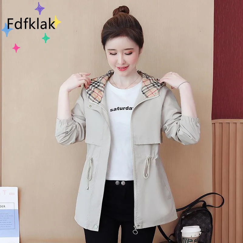 Fdfklak 3XL Plus Size Windbreaker Women Mid-Length New Spring Autumn Korean Waist Hooded Trench Coat Loose Zipper Jacket