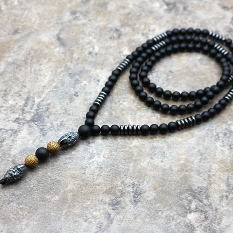 Neues Design 6mm Naturstein schnitzen Perlen Halskette Männer schwarz Hämatit lange Halskette alten Mann Kopf Anhänger Halskette Schmuck PQ-05 – Detail 4