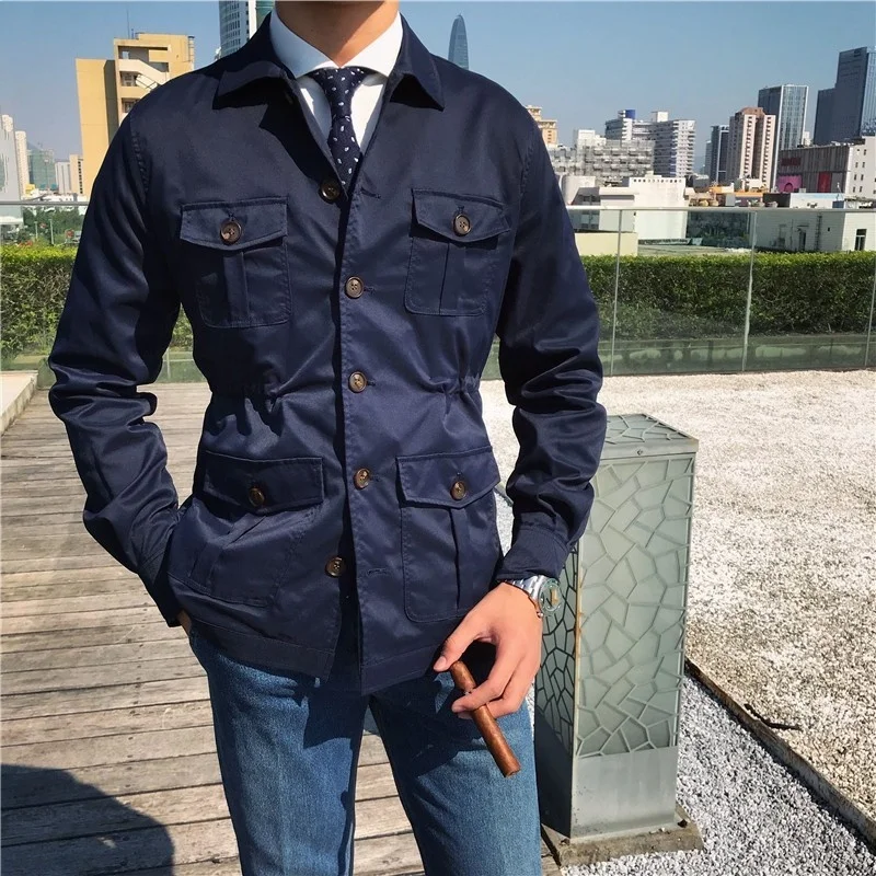 Mens New Gentleman Casual Jackets Turn-Down Collar Single Breasted Pockets Adjustable Waist Fashion Vintage Korean Style Coat