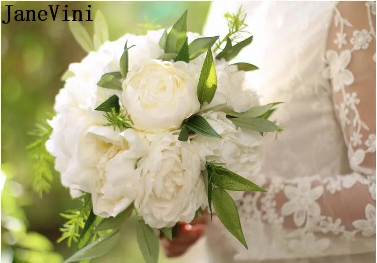 JaneVini Elegant White Silk Wedding Flowers Bridal Bouquets Artificial Roses Peonies Bride Hand Bouquet De Fleur Artificielle