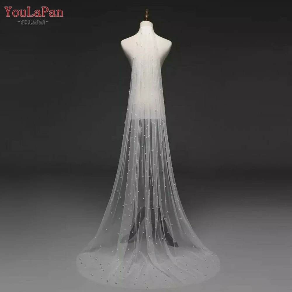 YouLaPan V05 Elegant Wedding Veil for Bridal Romantic Scattered Pearls Marries 5 Meters Bridal Veil Cathedral Wedding Veil Ivory