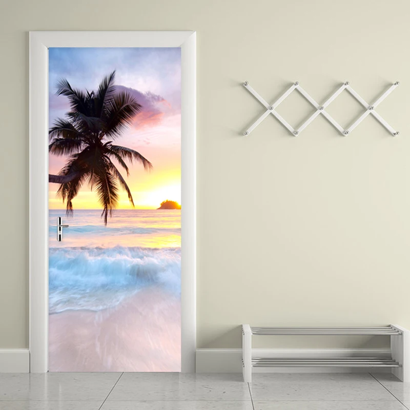 

Modern 3D Seaside Landscape Coconut Tree Door Sticker PVC Self-Adhesive Waterproof Mural Wallpaper Bathroom Door Poster Stickers