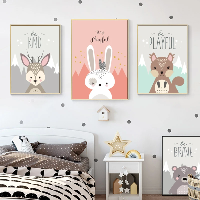 

Cartoon Baby Animal Canvas Poster Owl Rabbit Fox Bear Nordic Posters And Printings Wall Painting Art Pictures Kids Room Decor