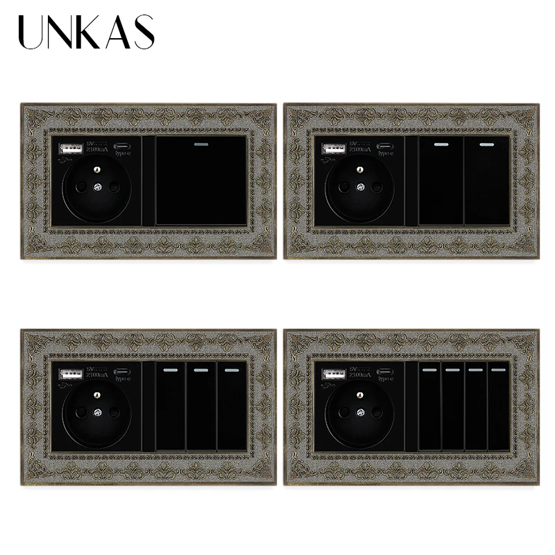 

UNKAS Black Type C USB Port French Socket 1 2 3 4 Gang 1 / 2 Way On / Off Push Button 4D Embossing Panel Zinc Alloy Outlet