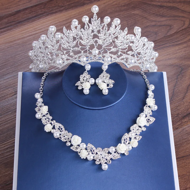 Luxury Bride Crystal Pearl Flower Costume Jewelry Sets Rhinestone Choker Necklace Earrings Tiara Crown Women Wedding Jewelry Set