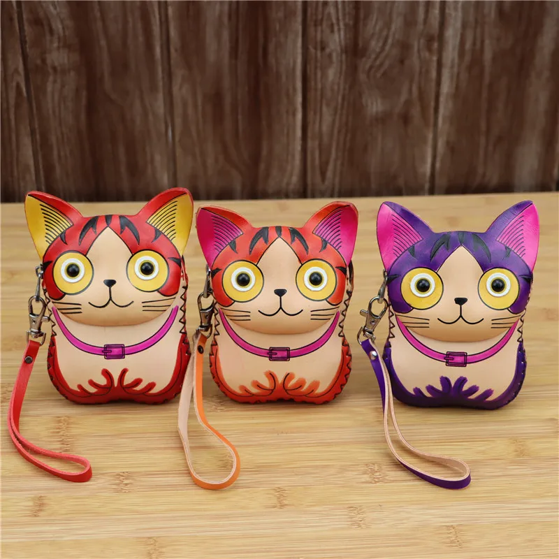 Genuine Leather Kitten Mini Cosmetic Bag, Coin Purse, Card Case, Key Case Clutch, Children's Cartoon Animal Cute Clutch