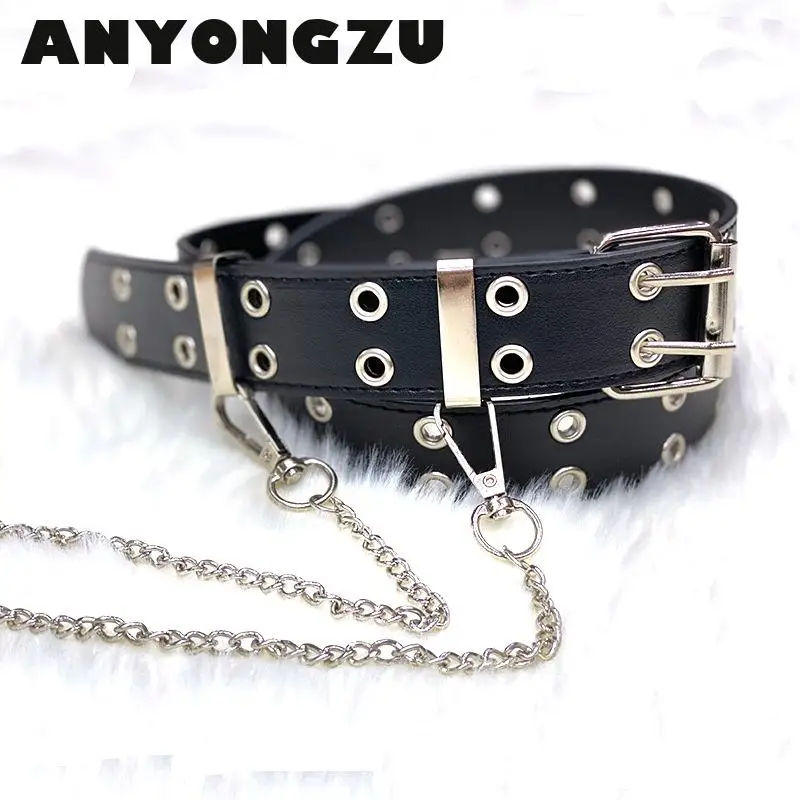 2020 New 2 Pin Buckle Women Belt With Iron Chain Punk Style Double Exhaust Eyes Jeans Fashion Decoration 110CM*3.3CM Luxury