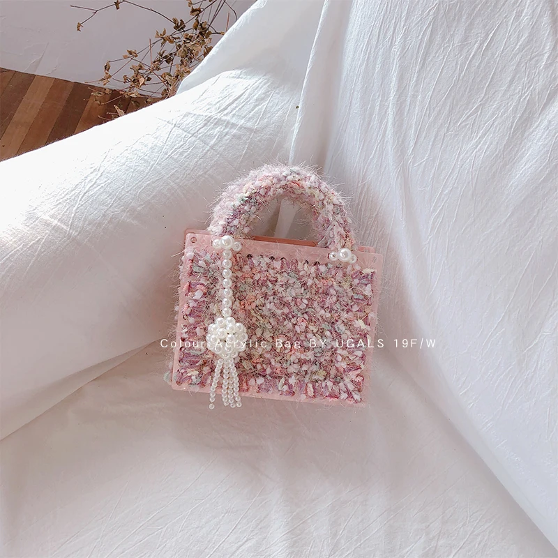 New Women Fashion Knitting Knitting Small Messenger Shoulder Handbag Gentle Female Simple Color Collision Hollow Out Wool Unique