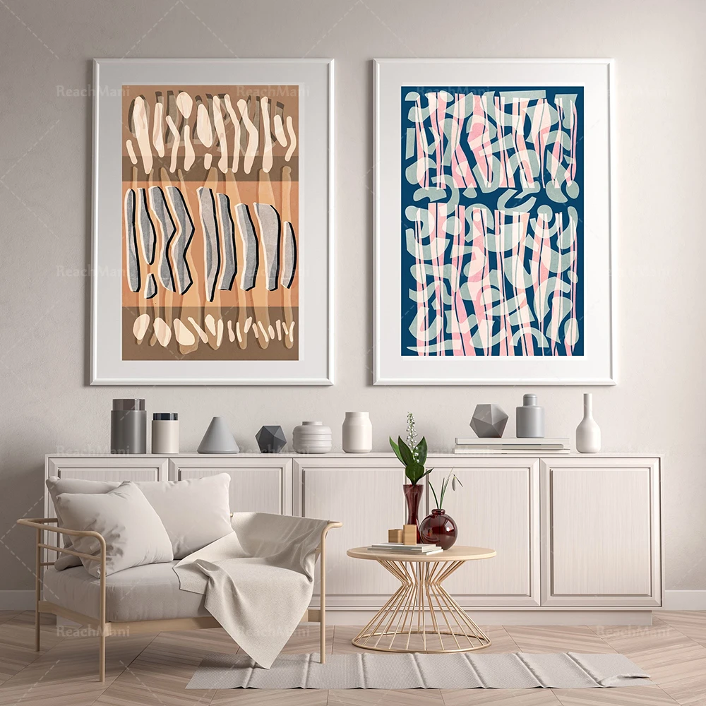 Minimaliste Abstract Set of 2 Prints, Abstract Geometric Wall Art, Subtle Pink Green Blue Brown Beige Tones, Natural Colors, Pri