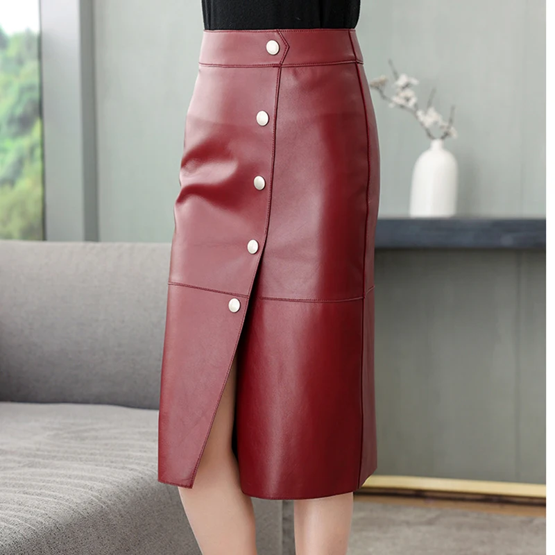 

Elegant Intellectual Mujer Red Wine Lange Rok Met Split Women Sheepskin Leather Metal Four Buttons Wrap Hip High Waist Skirt