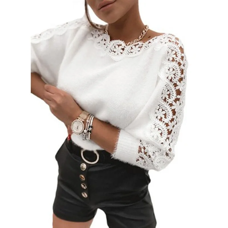 2021 Fall New White Sweater Women V Neck Lace Stitching Hollow Out Long Sleeves Fashion Loose Sweaters Elegant High Quality Tops