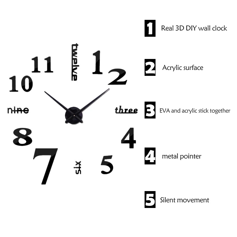 3D Wall Clock Mirror Wall Stickers DIY Wall Clocks Removable Art Decal Sticker Home Decor Living Room Quartz Needle Clock