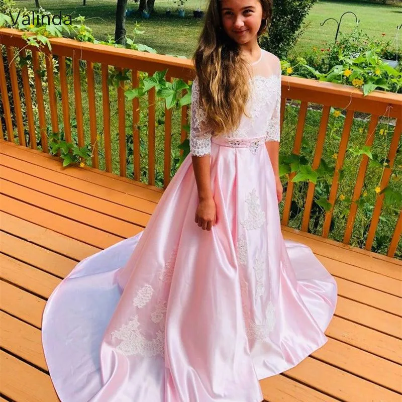 Half Sleeves Pink Flower Girl Dresses with Sash Little Princess Formal Pageant Gowns Birthday Wear