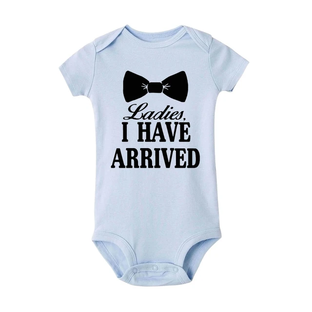 Ladies I Have Arrived Cravat Print Newborn Baby Boys Rompers Funny Announcement Bodysuits Short Sleeve Infant Jumpsuit Clothes