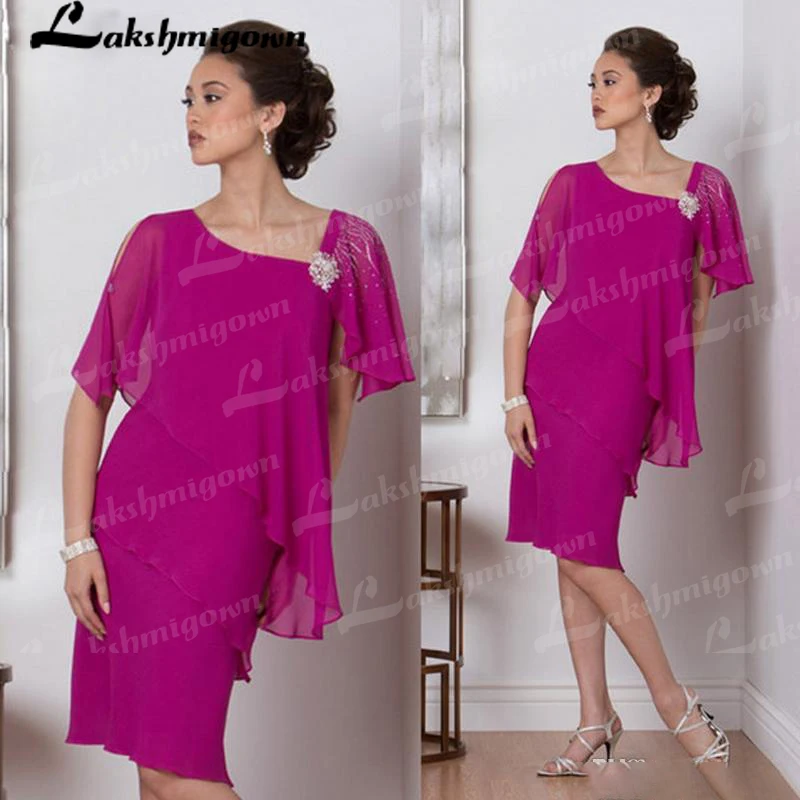 Fuchsia Mother Of The Bride Dresses Knee Length Short Sleeve Beaded Cocktail Party Gown Tiered Chiffon Mother's Dress