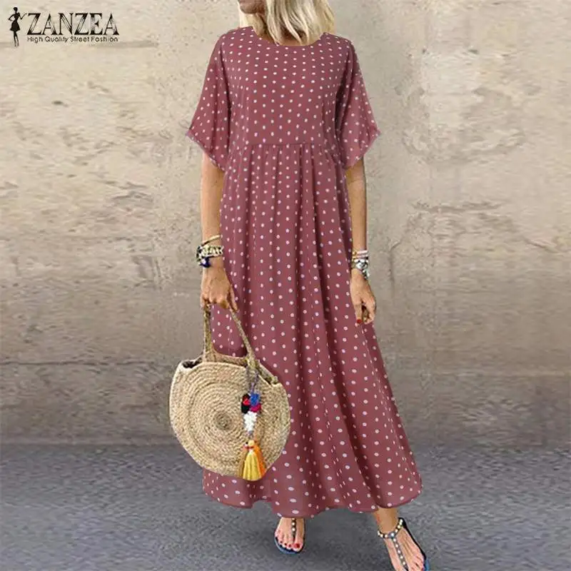 ZANZEA 2023 Fashion Polka Maxi Dress Women\'s Print Sundress Casual O Neck Summer Long Vestidos Female Pleated Robe