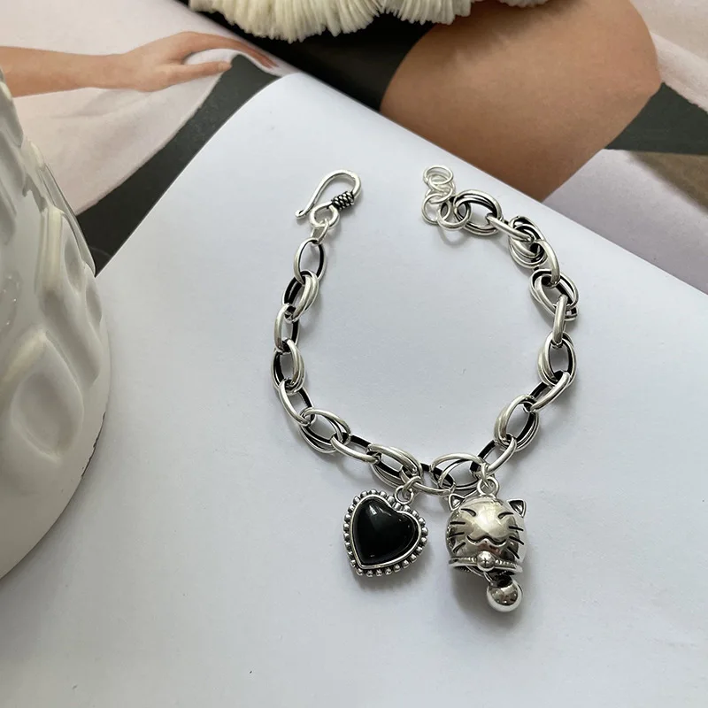 

100% 925 Sterling Silver Sweet Cat Animal Bell Black Love Heart Resin Ladies Charm Bracelets Jewelry For Women Gifts No Fade