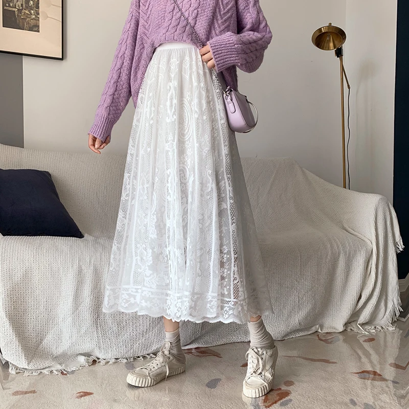 Elastic High Waist Lace Skirts Women Spring Summer Skirt 2020